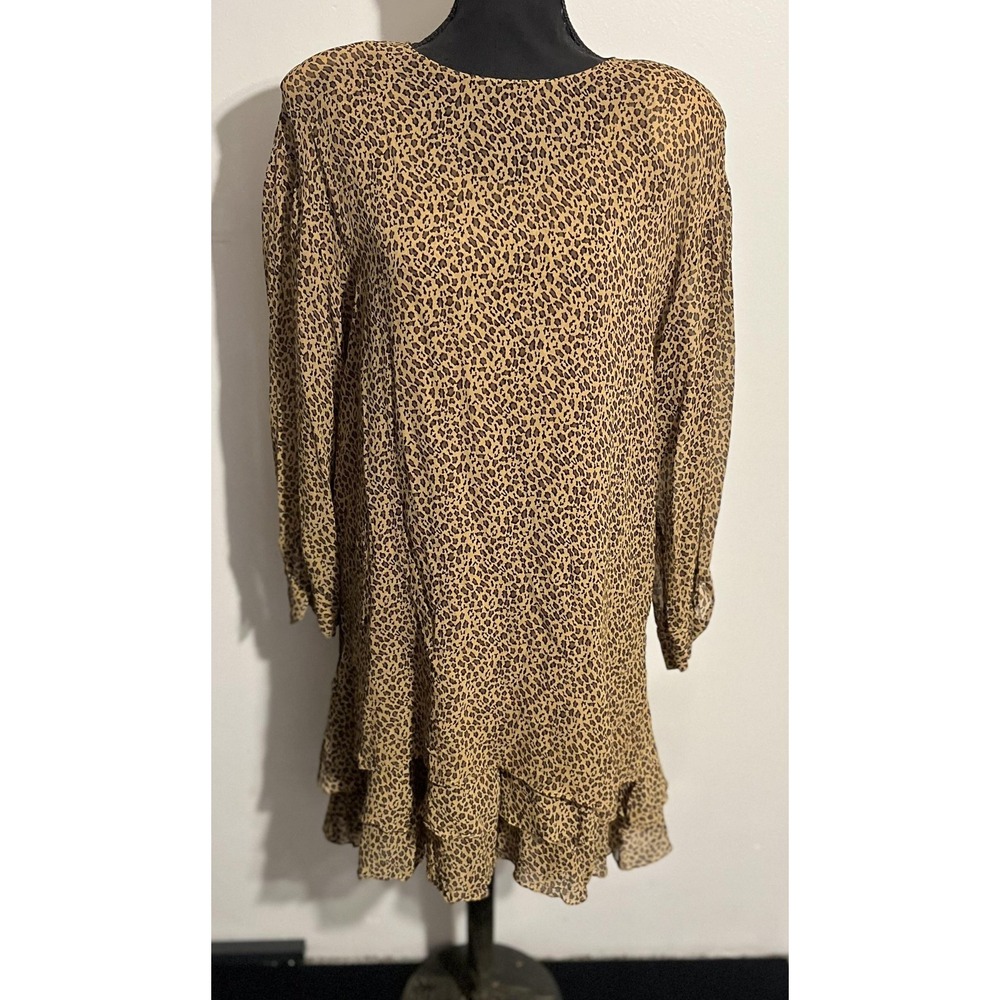 Dana Buchman 100% Silk Dress Womens 12‎ Brown Leopard Print Sheer Tiered Ruffle